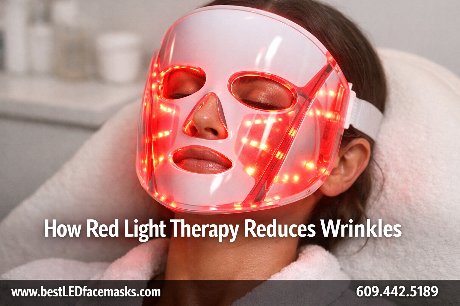 () editorial image showing a close-up of a woman's face wearing a futuristic red light therapy LED face mask with visible