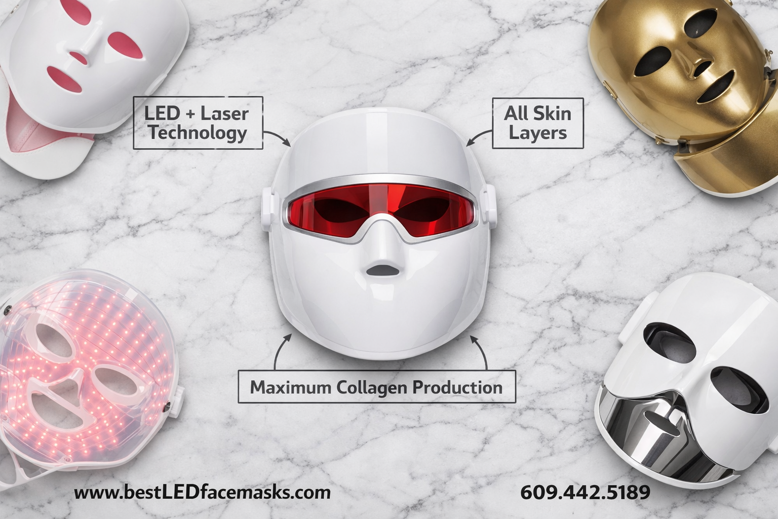 () product comparison flat-lay image showing the Renu-Gen LED face mask prominently centered on a marble surface, surrounded