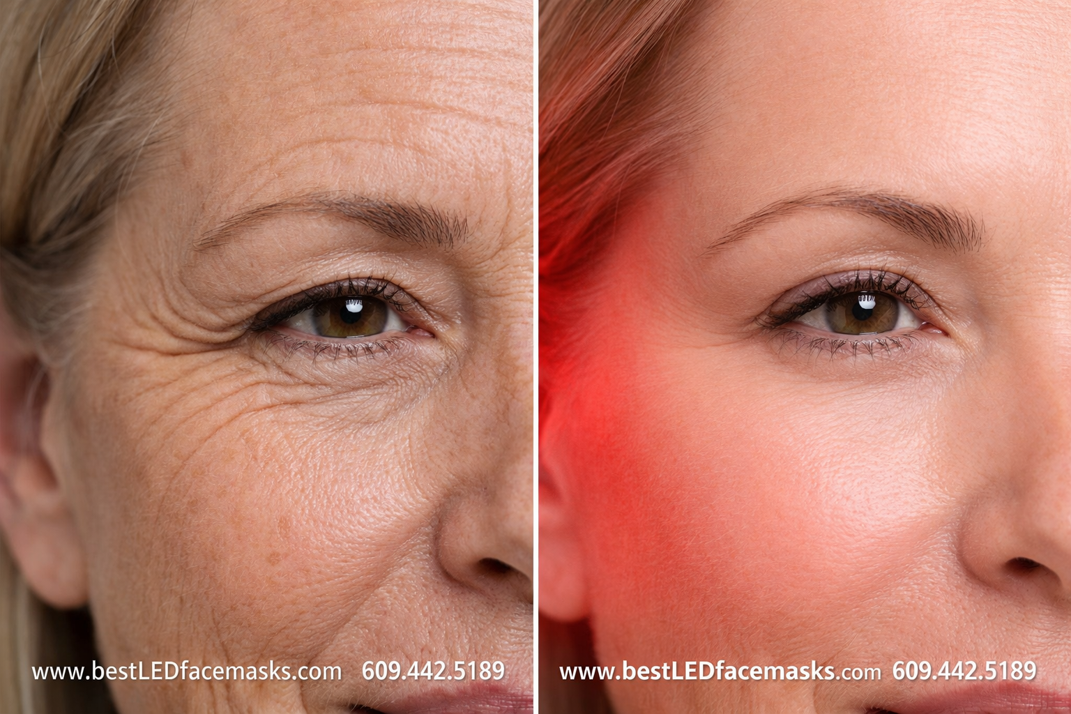 () before-and-after style split image: left side shows close-up of mature female skin with visible fine lines and wrinkles