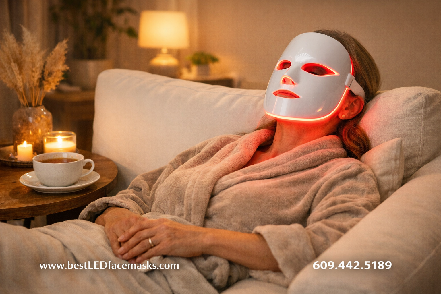 () lifestyle image showing a woman in her 40s relaxing comfortably at home on a white sofa, wearing the Renu-Gen LED face