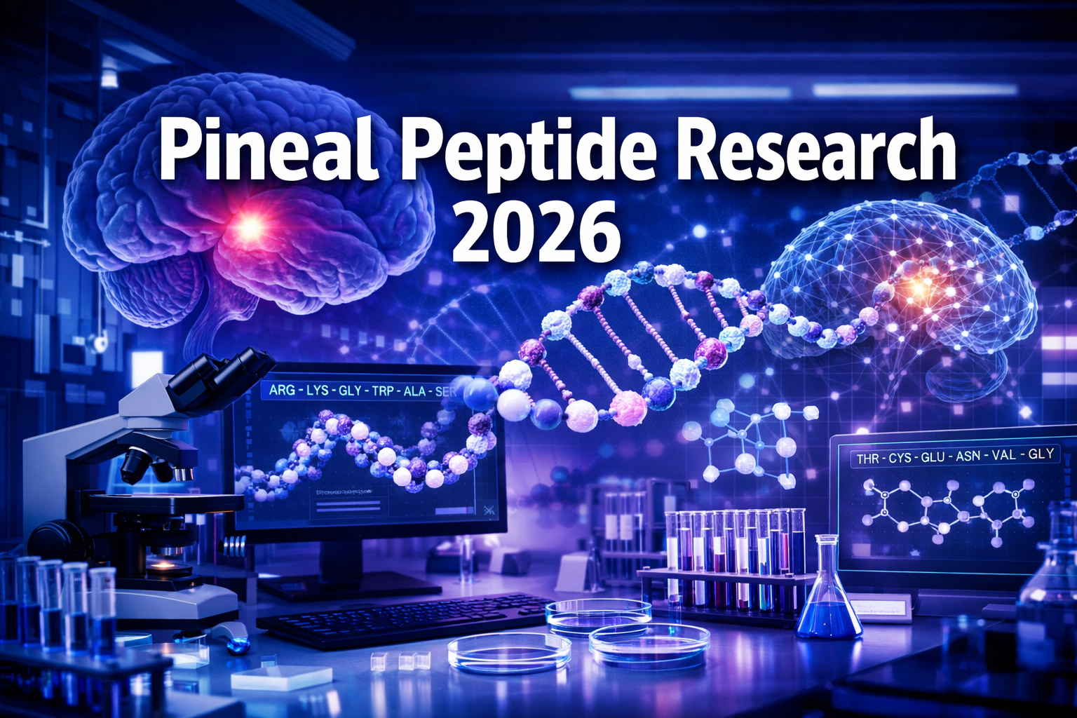 Professional landscape format (1536x1024) hero image featuring bold text overlay 'Pineal Peptide Research 2026' in extra large 72pt white sa