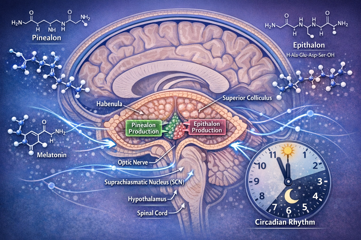 Landscape format (1536x1024) scientific illustration showing pineal gland anatomy in cross-section with highlighted peptide production areas