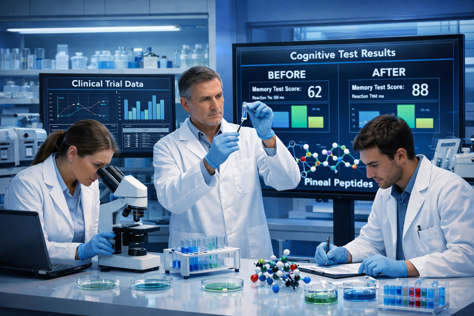 Professional research laboratory scene (1536x1024) with scientists examining peptide samples, microscopes, petri dishes, molecular models of