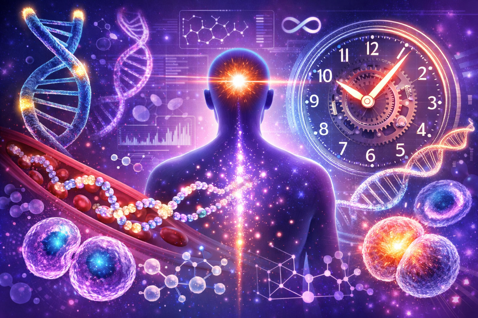 Futuristic wellness concept (1536x1024) showing human silhouette with glowing pineal gland, peptide molecules flowing through bloodstream, c