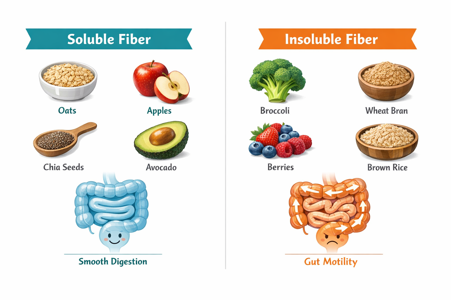 Detailed () editorial illustration showing a split-screen infographic comparing soluble vs insoluble fiber sources. Left