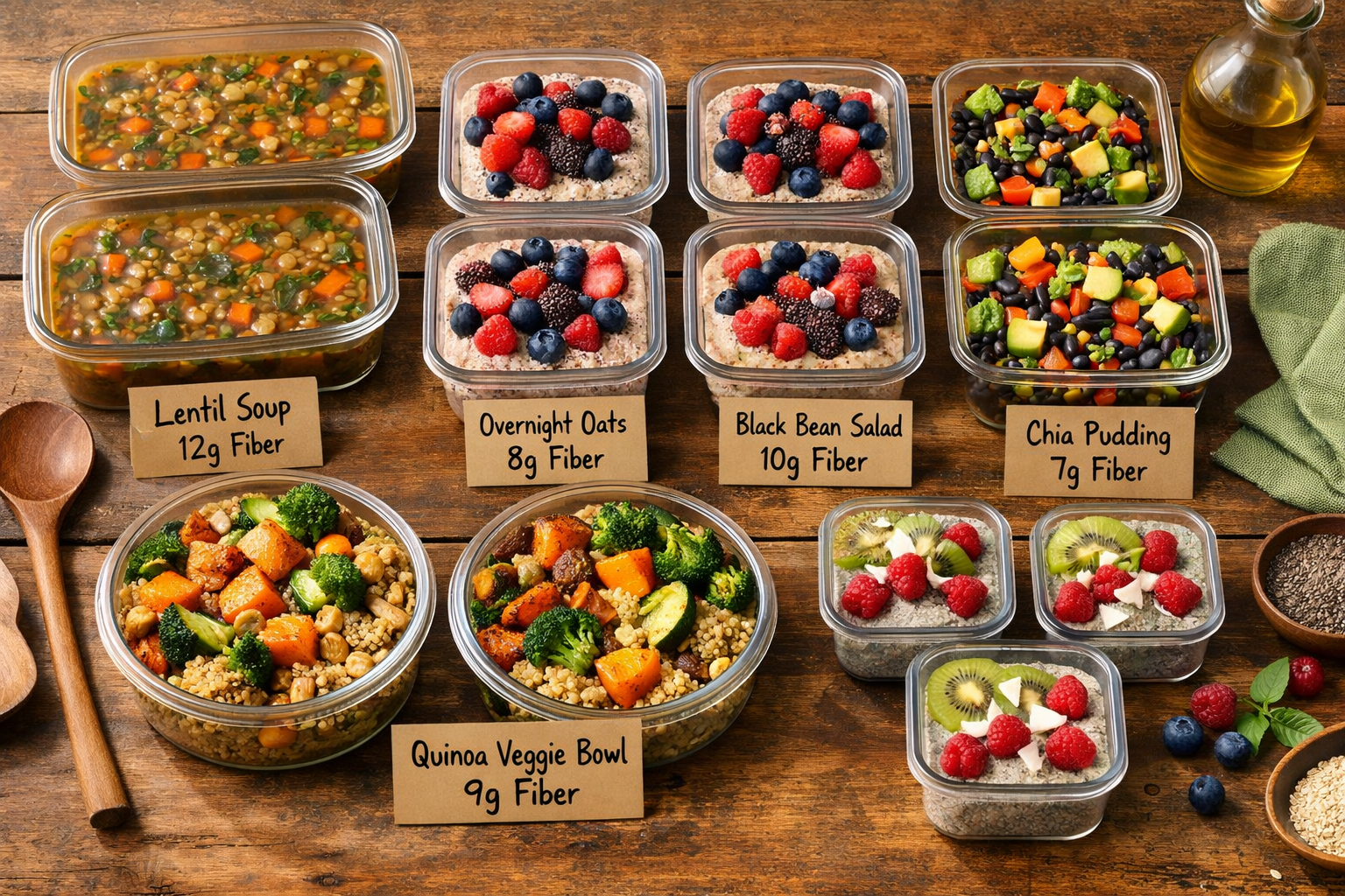 () overhead shot of a wooden kitchen table with a week of high-fiber meal prep containers: lentil soup, overnight oats with