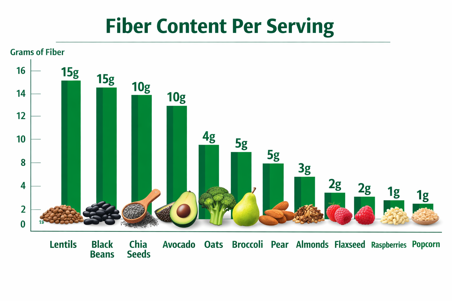 () data visualization infographic showing a vertical bar chart titled 'Fiber Content Per Serving' comparing 12 high-fiber