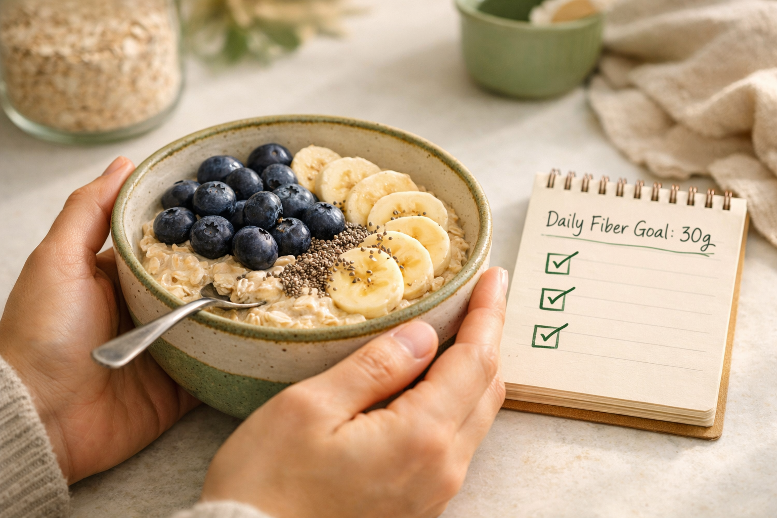 () close-up lifestyle photograph of a person's hands holding a ceramic bowl of overnight oats topped with blueberries,