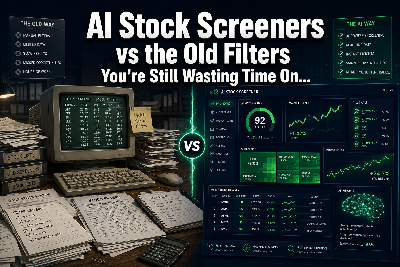 Professional () hero image with : 'AI Stock Screeners vs the Old Filters You're Still Wasting Time On...' in extra large