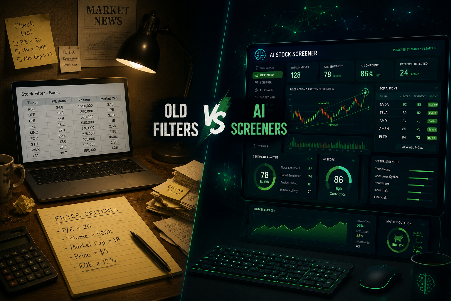 () conceptual split-comparison illustration showing two distinct trading workstations side by side. Left workstation: a