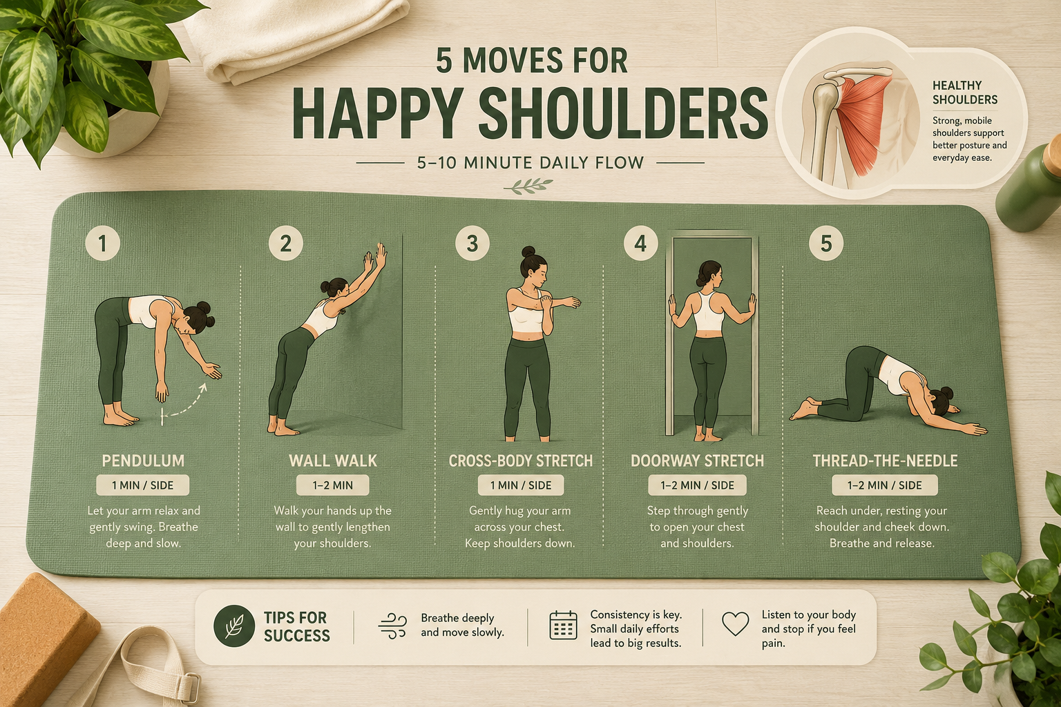Detailed () flat-lay infographic style image showing a yoga mat from above with five illustrated yoga pose icons arranged in