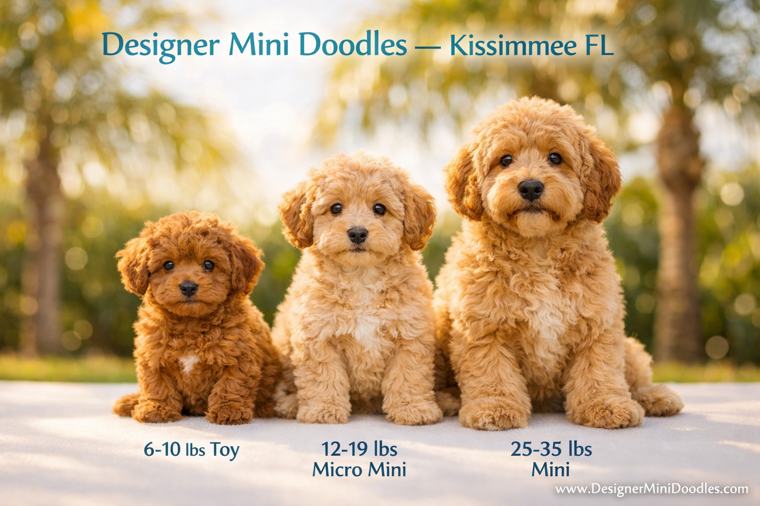 Detailed () showing three adorable mini goldendoodle puppies of different sizes — toy, micro mini, and mini — sitting side