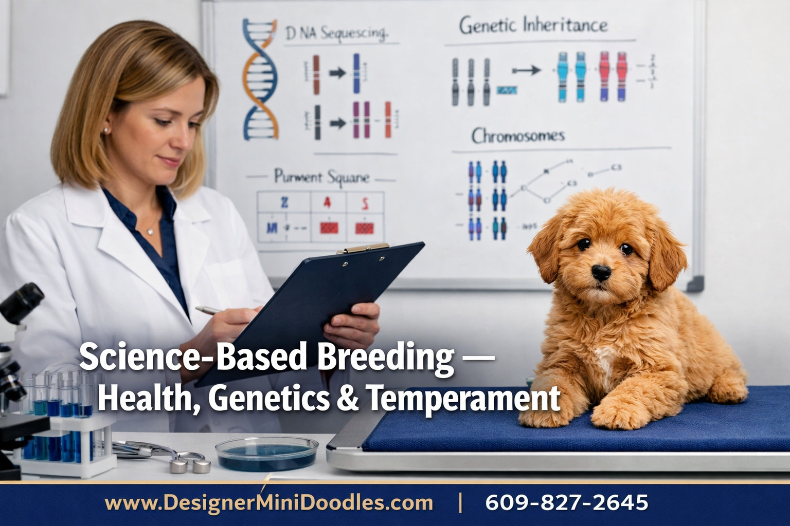 () showing a professional animal biology laboratory setting with a woman in a lab coat examining goldendoodle puppy health