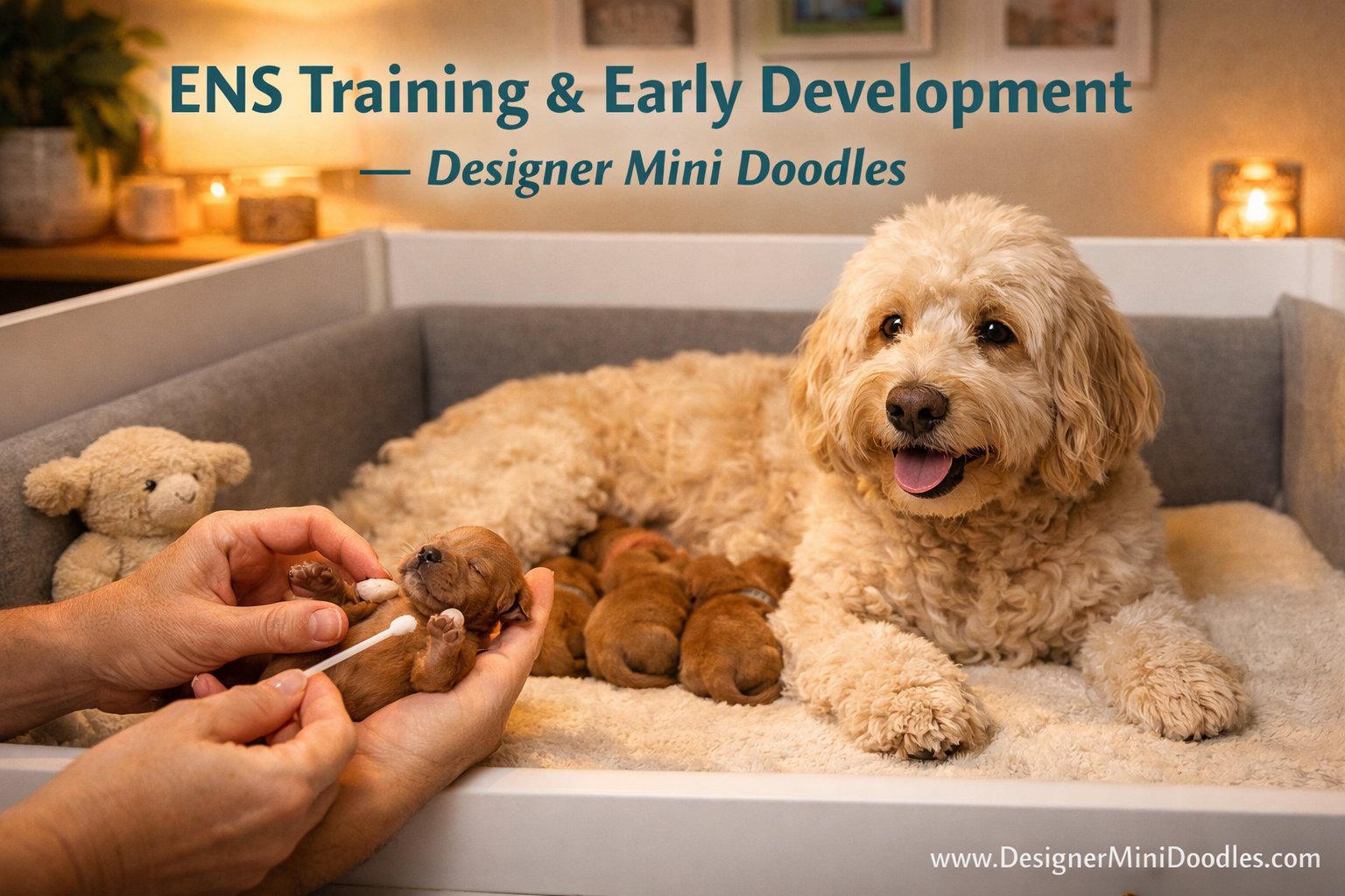 () showing a warm nursery whelping room with a mother goldendoodle and newborn puppies in a clean, cozy and professional