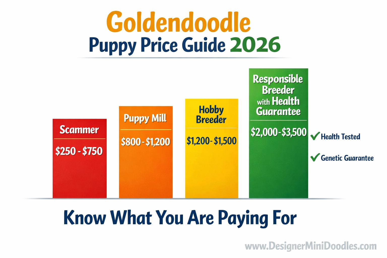 () showing a colorful vertical bar chart infographic titled 'Goldendoodle Puppy Price Guide 2026' with four bars: Scammer