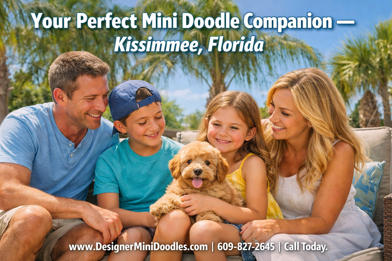 () showing a happy Florida family — two adults and two children — sitting on a sunny Kissimmee backyard patio with a fluffy