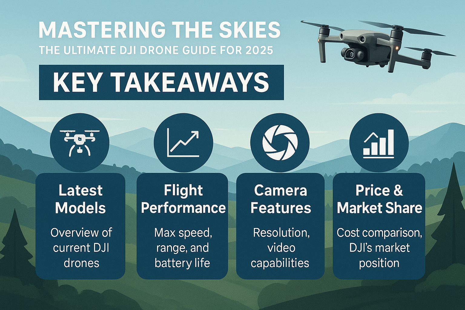 Professional landscape infographic (1536x1024) for article "Mastering the Skies: The Ultimate DJI Drone Guide for 2025", section: "Key Takea