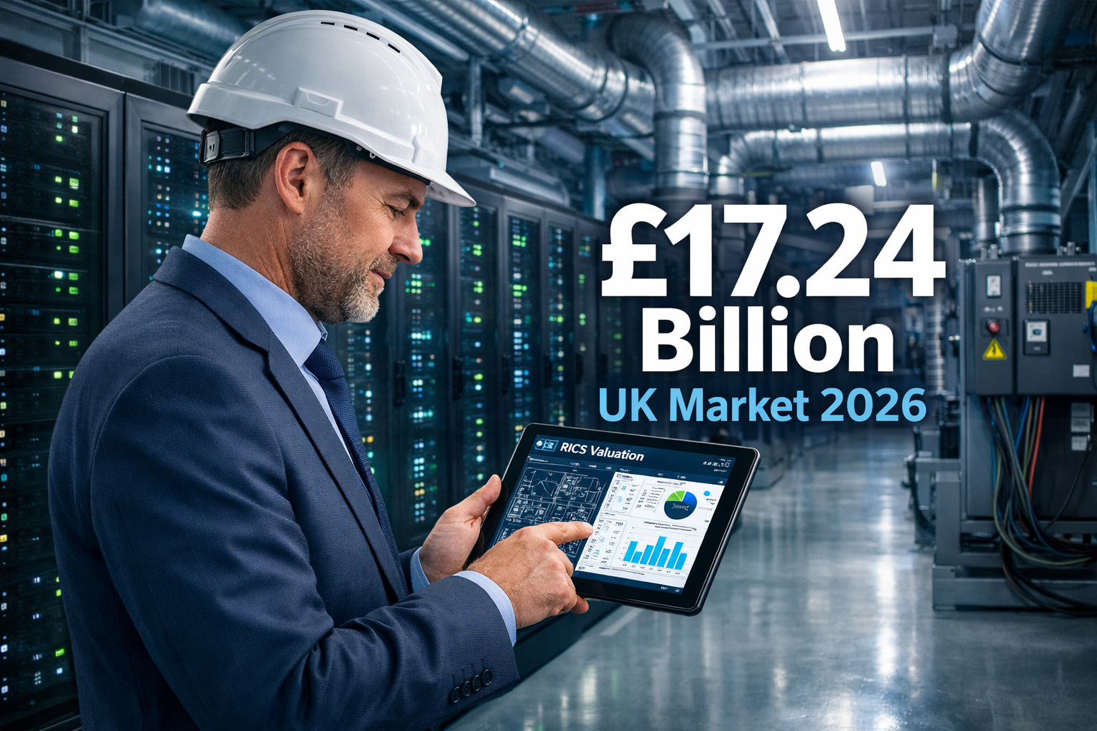 Detailed () image showing professional chartered surveyor in business attire conducting site inspection at high-density data