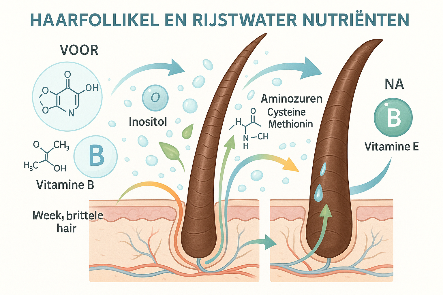Rijstwaterspray voor snelle en dikke haargroei: een natuurlijke oplossing 1 Detailed infographic illustration (1536x1024) showing cross-section of hair follicle and hair strand being nourished by rice water nutrients