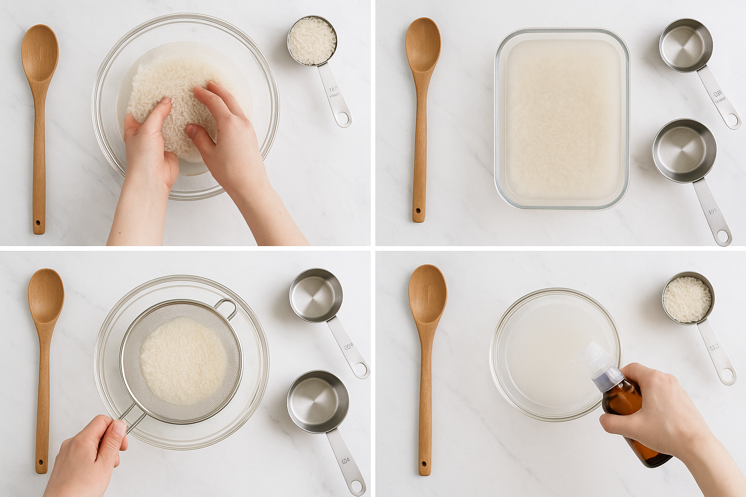 Rijstwaterspray voor snelle en dikke haargroei: een natuurlijke oplossing 2 Step-by-step visual guide (1536x1024) showing rice water spray preparation process in modern kitchen setting. Four sequential panels: 1) han