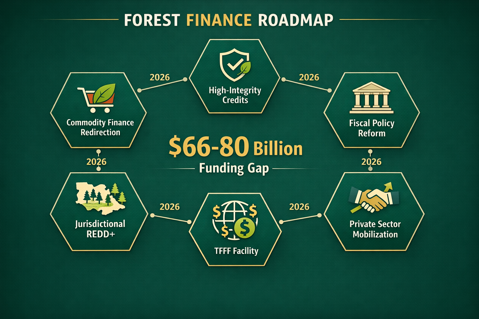 () detailed infographic showing the Forest Finance Roadmap six-point plan as interconnected hexagonal nodes on dark green