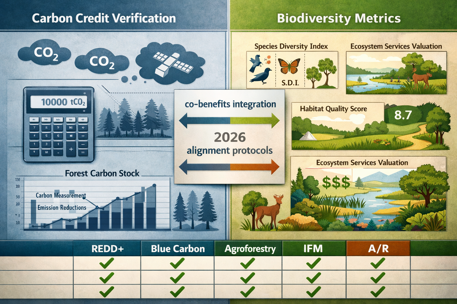 () split-screen composition showing carbon-biodiversity alignment methodology. Left half displays traditional carbon credit