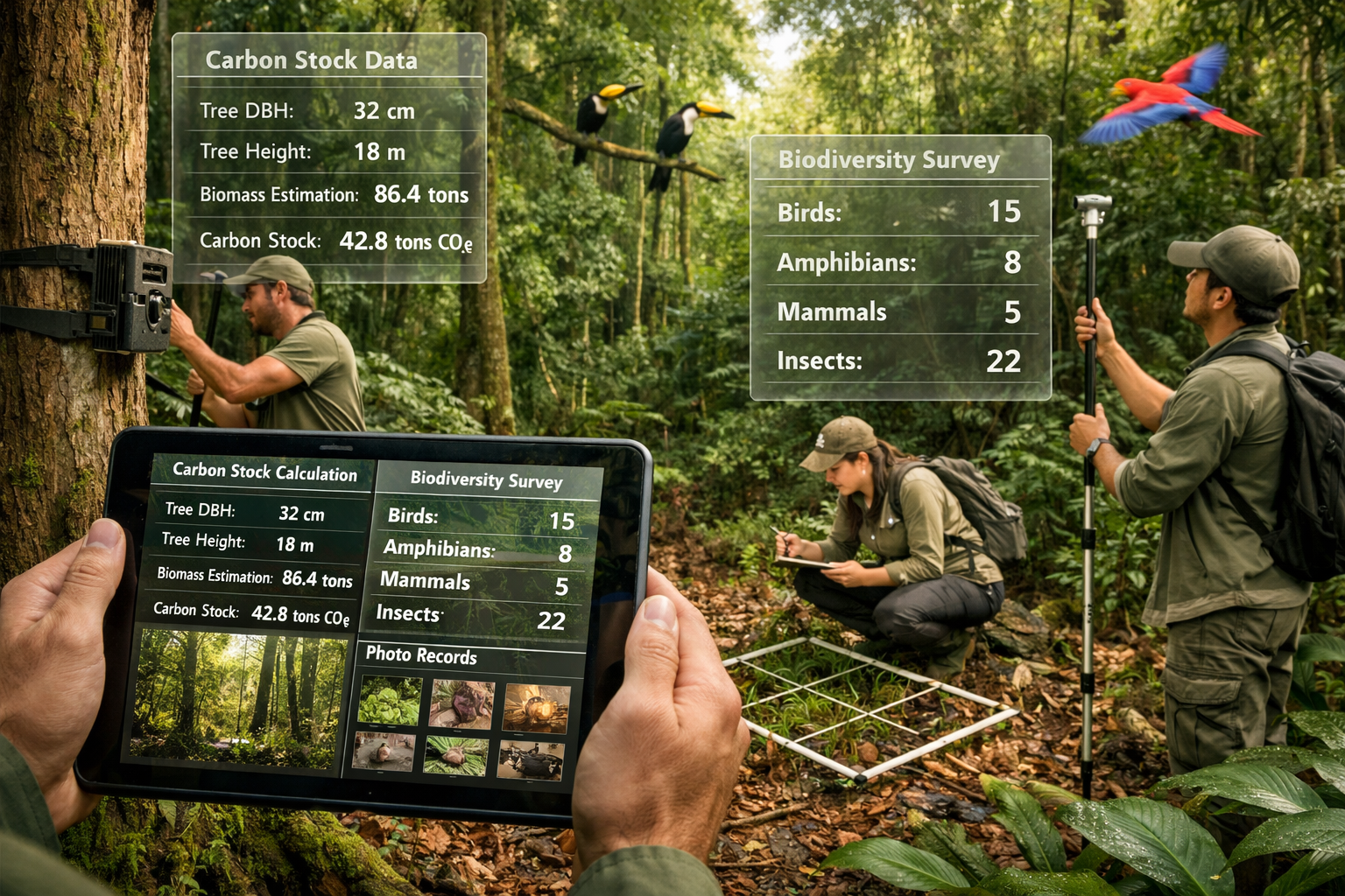 () field survey scene showing ecologist team conducting integrated biodiversity assessment in tropical forest setting.