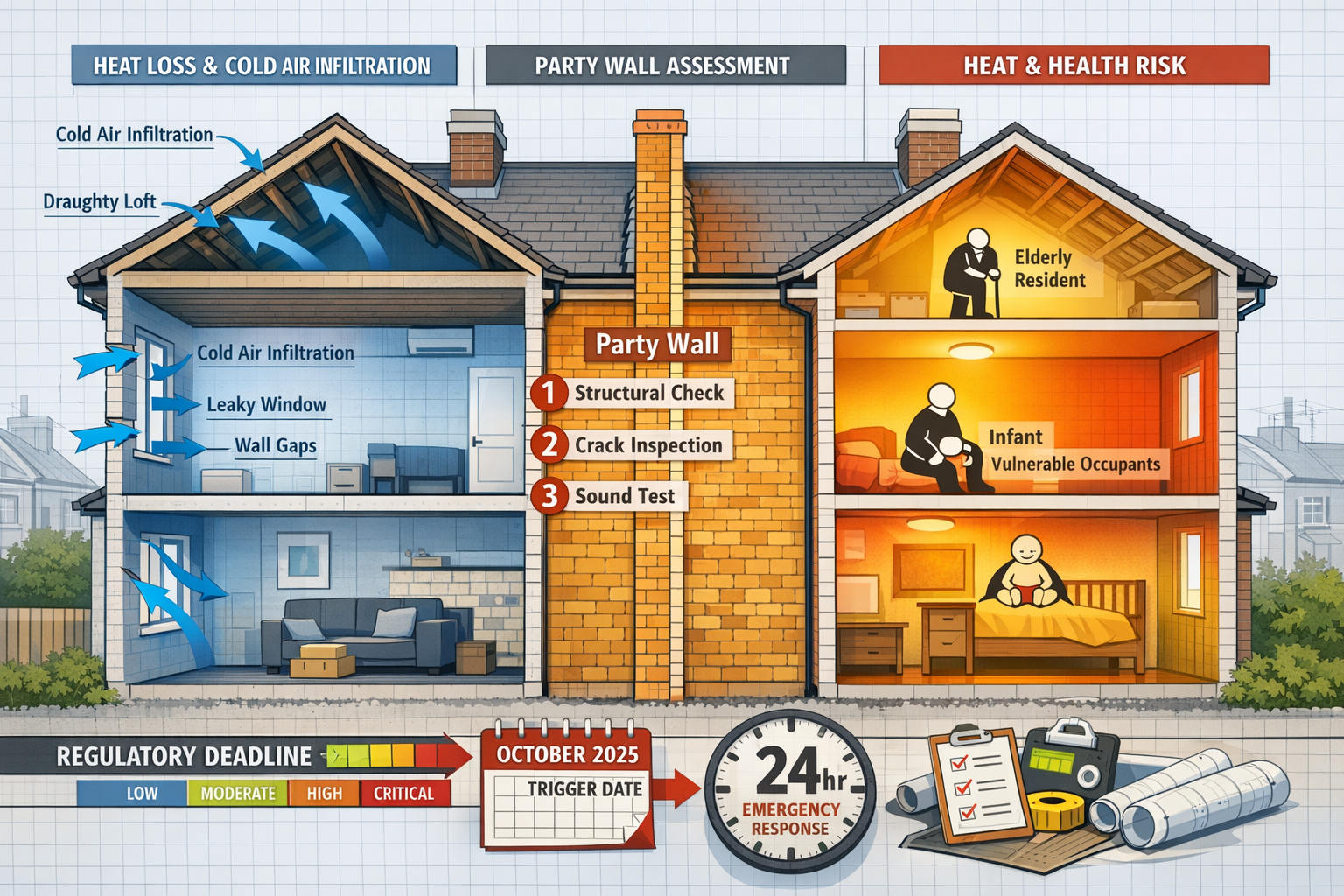 Detailed () image showing cross-section diagram of terraced rental properties with labeled hazard zones. Left property