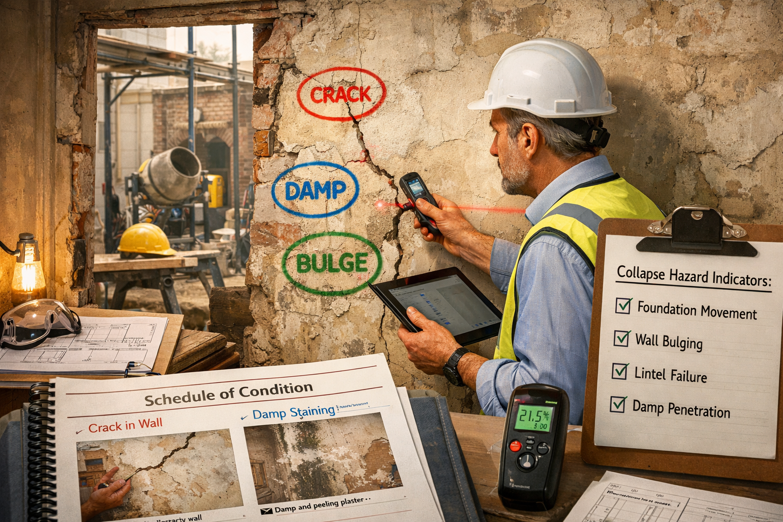 Detailed () image depicting party wall surveyor conducting pre-construction assessment in Victorian terraced house. Scene