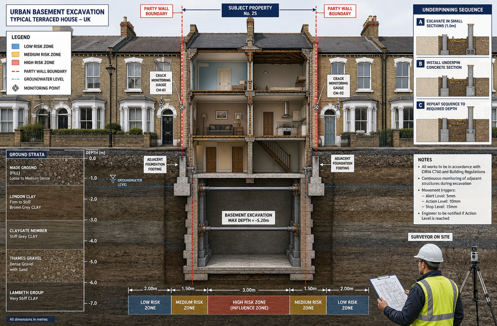 Detailed () technical illustration showing a cutaway cross-section diagram of a dense UK urban street with terraced