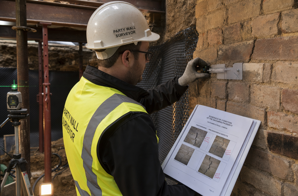 Detailed () showing a close-up documentary-style photograph of a party wall surveyor in a hard hat and hi-vis vest