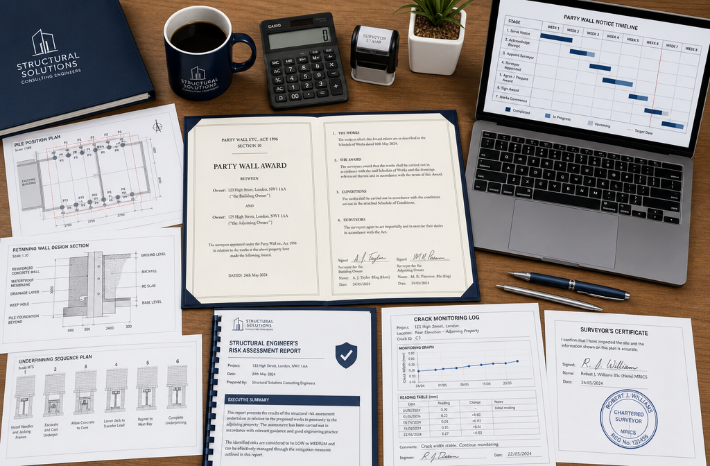 Detailed () depicting a formal party wall award document spread open on a wooden desk alongside engineering drawings showing