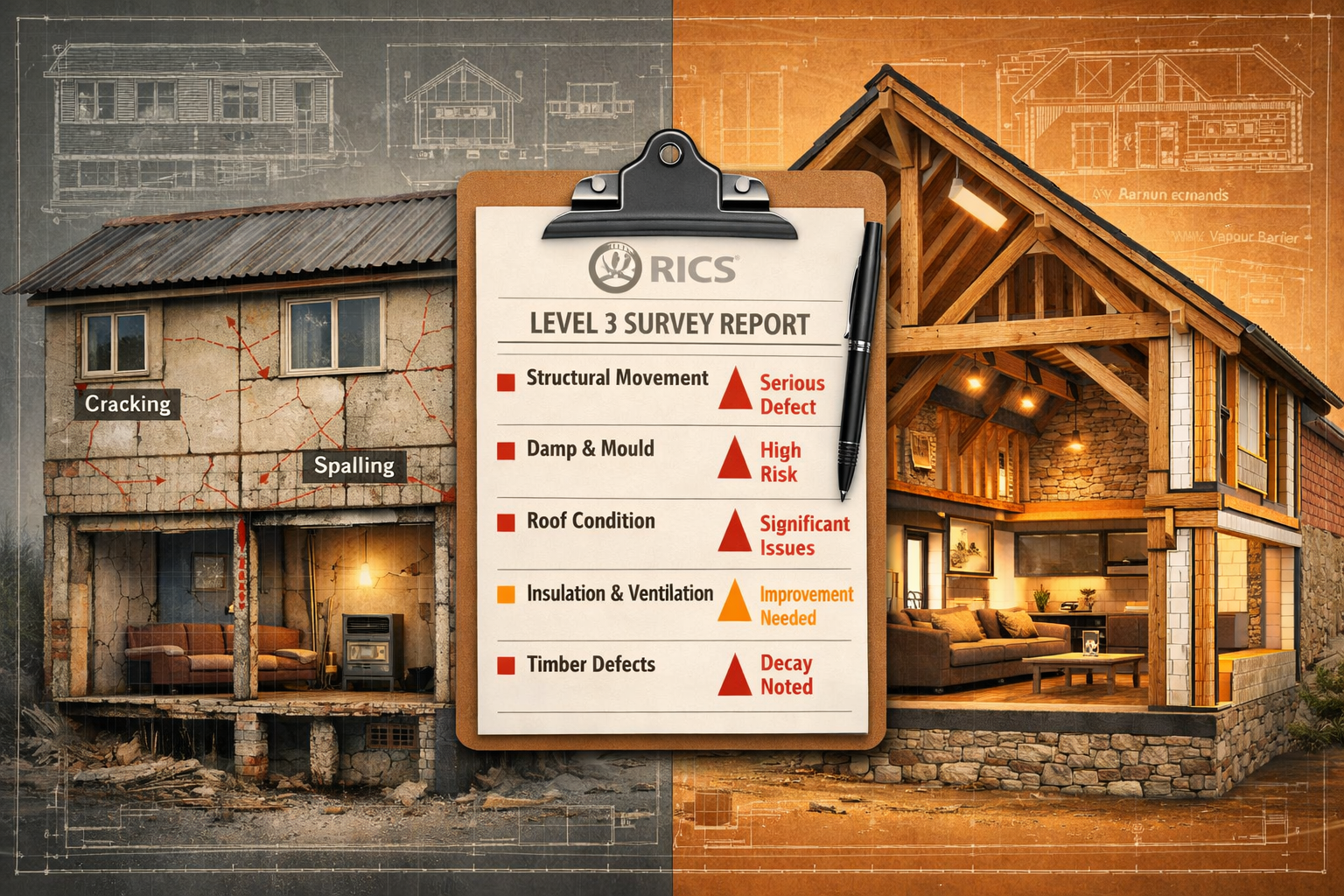 Detailed () editorial illustration showing a split-view comparison of non-standard construction types: left side displays a