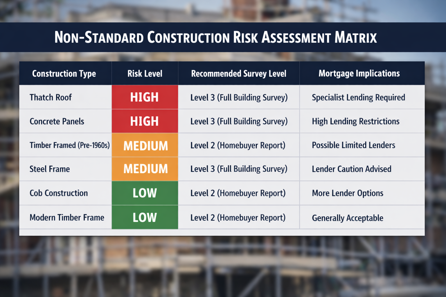 () infographic-style editorial image showing a structured risk assessment matrix table for non-standard construction