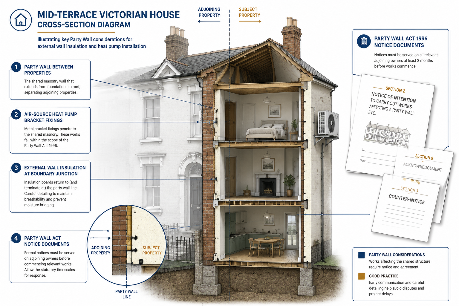 Detailed () infographic-style illustration showing a cross-section diagram of a mid-terrace Victorian house with labeled