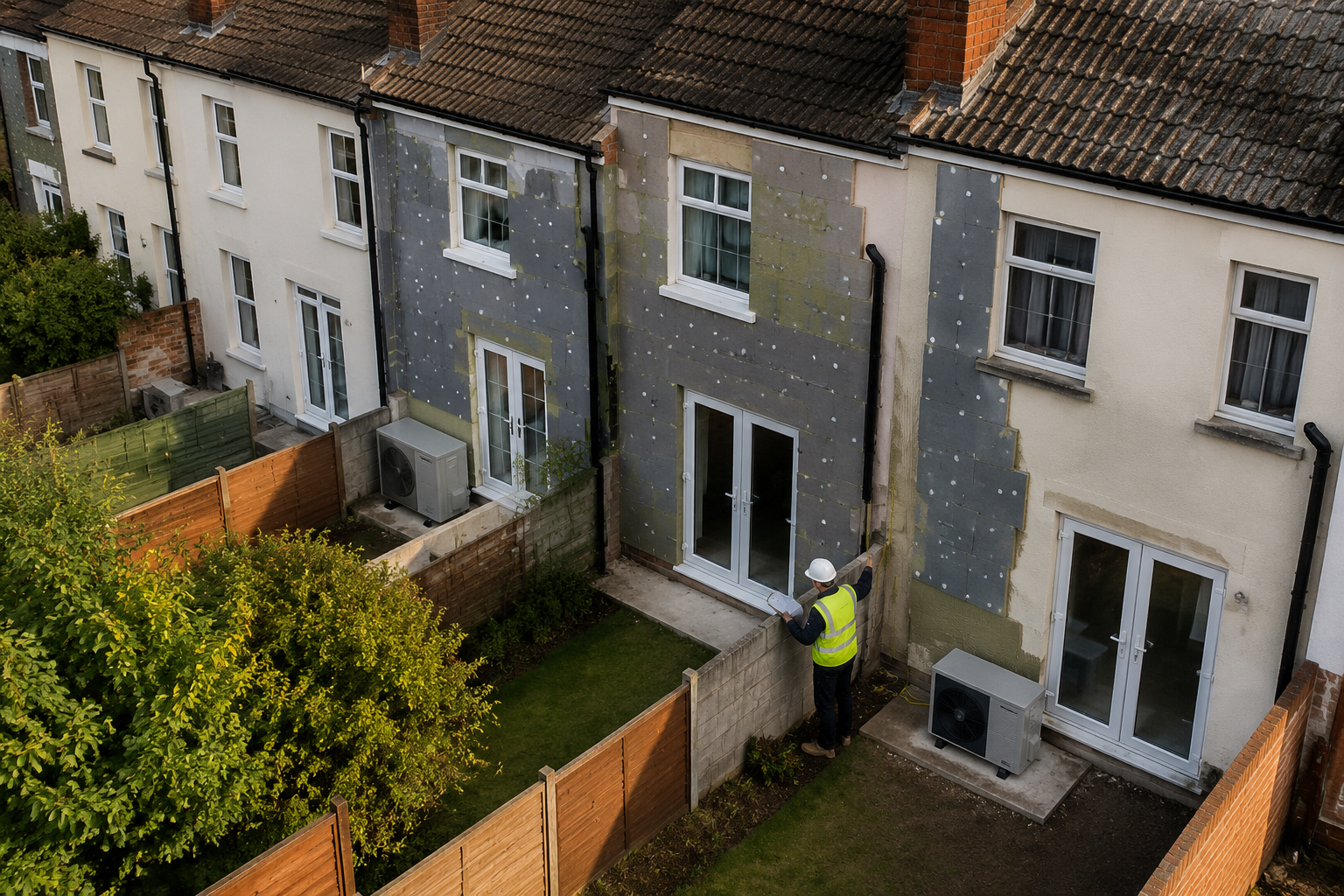 () close-up aerial drone perspective looking down at a row of 1930s terraced houses showing rear gardens with concrete heat