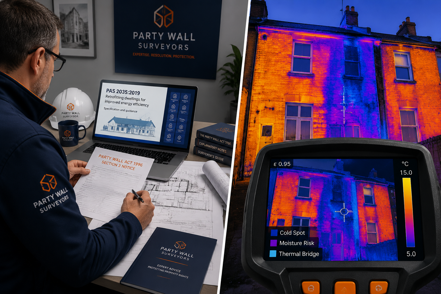 () split-panel image: left side shows a professional party wall surveyor at a desk reviewing technical drawings and Party
