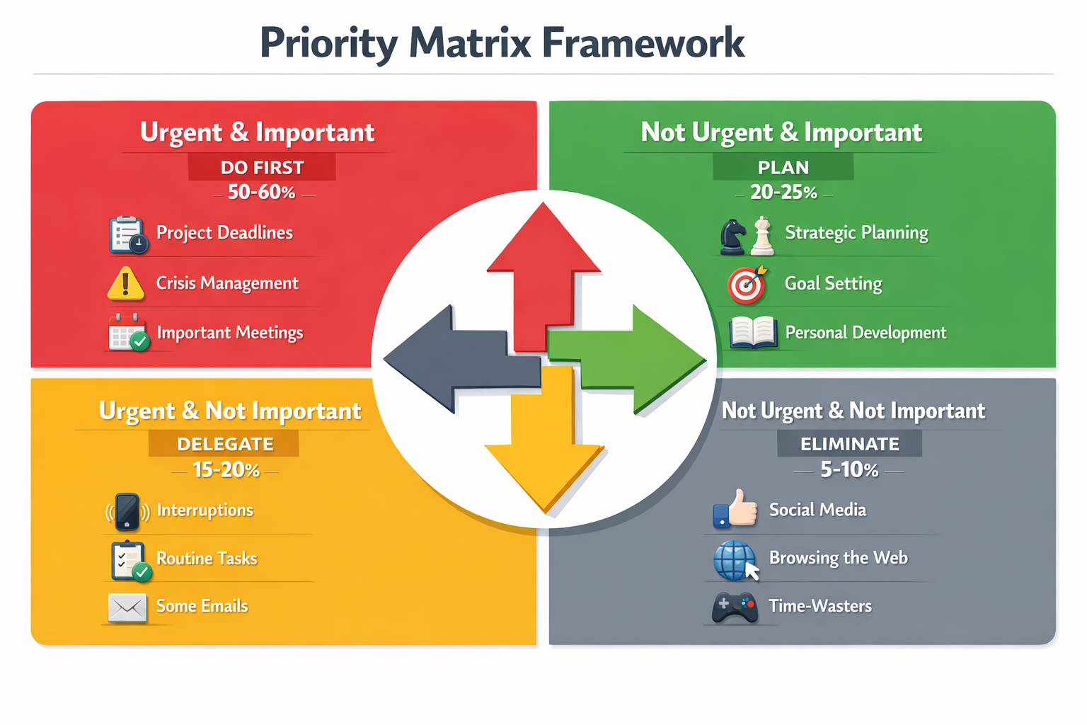 Detailed landscape infographic (1536x1024) showing the Eisenhower Matrix quadrant system with four distinct colored sections: urgent-importa