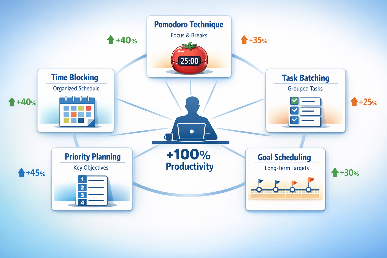 Comprehensive landscape visualization (1536x1024) displaying popular time management techniques as interconnected workflow diagram. Features
