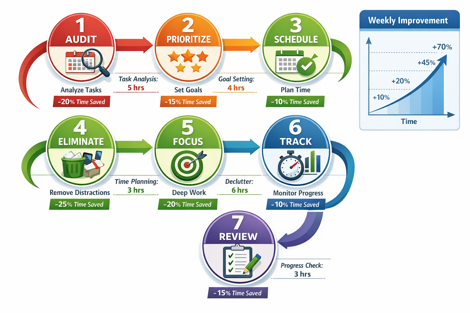 Detailed landscape step-by-step implementation guide visual (1536x1024) showing numbered pathway from 1-7 with distinct milestone markers. E
