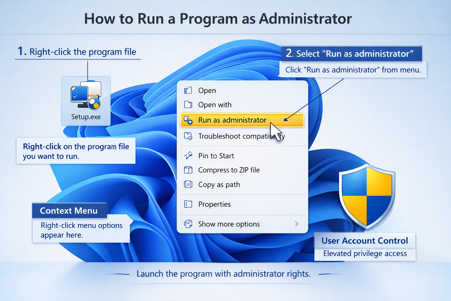Detailed landscape editorial image (1536x1024) showing Windows context menu interface with 'Run as administrator' option highlighted in gold