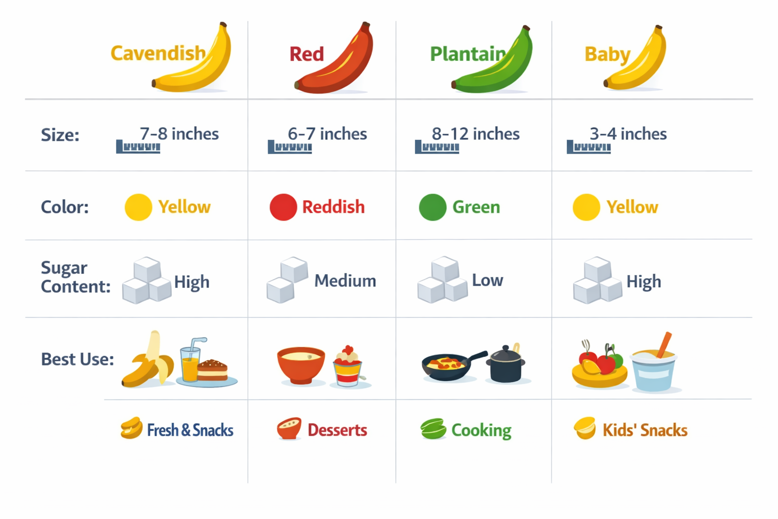 Comparison chart of four banana varieties (Cavendish, Red, Plantain, Baby) side by side with size, color, sugar content, and