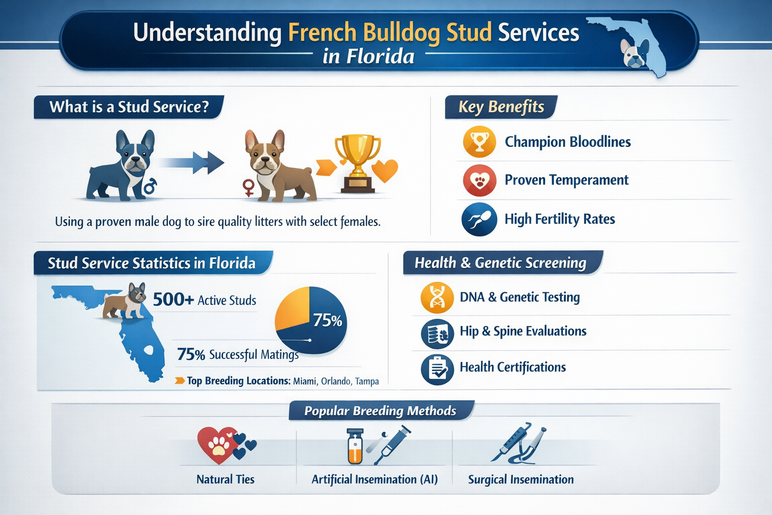 Professional infographic for article "Premier French Bulldog Studs Florida: Your Complete Guide to Elite Breeding Services in 2026", section