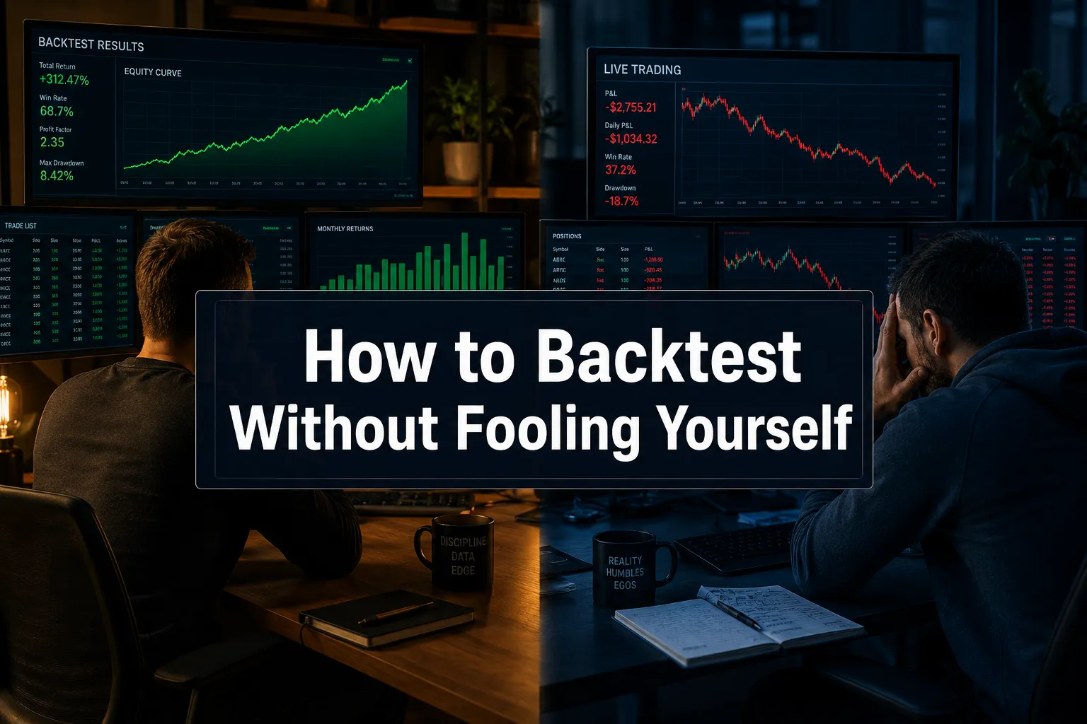 Professional () hero image with (≤42 chars): 'How to Backtest Without Fooling Yourself', crisp white on a dark