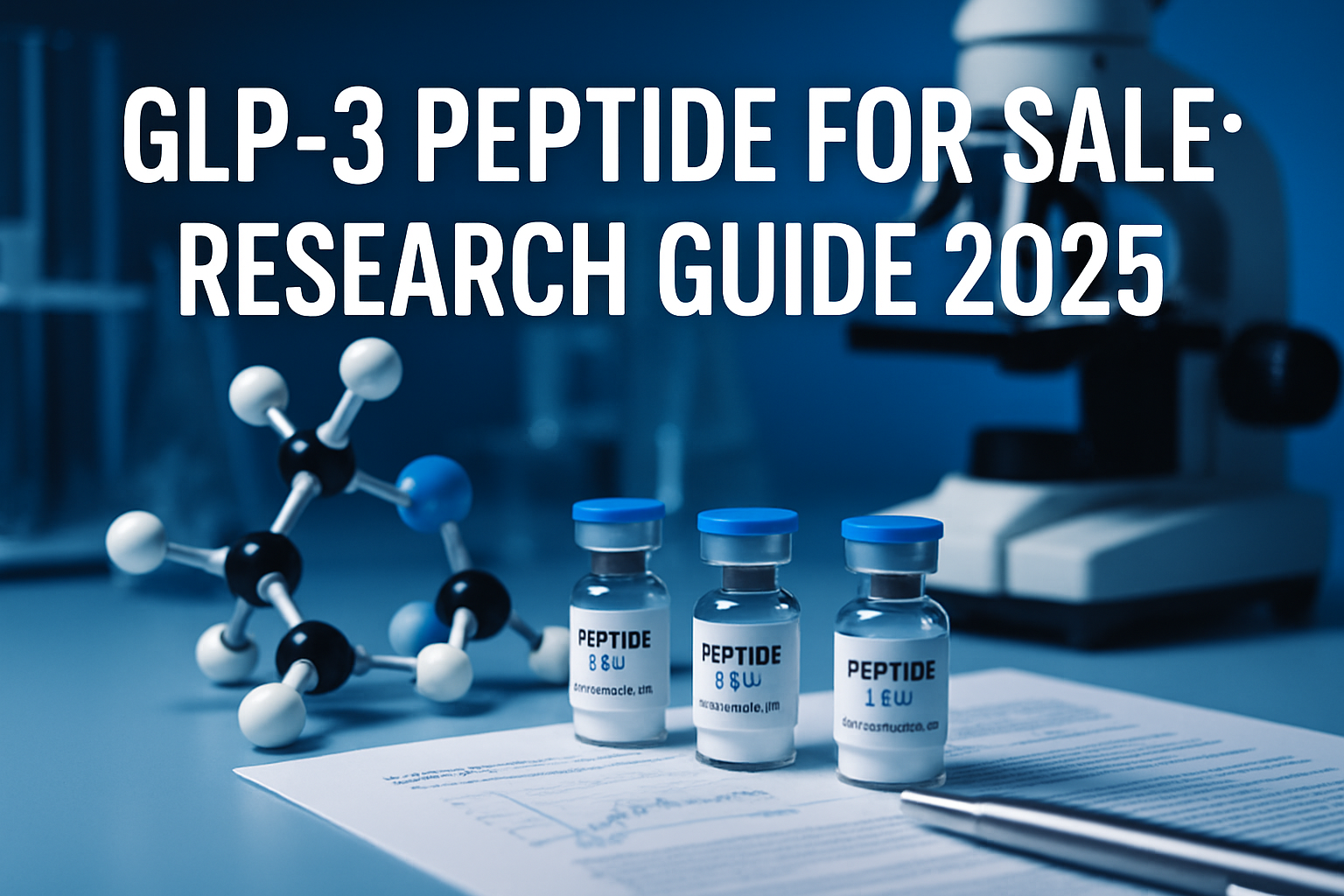 Professional landscape hero image (1536x1024) featuring bold text overlay 'GLP-3 Peptide for Sale: Research Guide 2025' in extra large 72pt