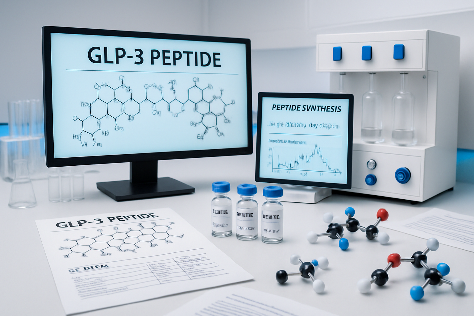 Scientific laboratory scene showing GLP-3 peptide molecular structure diagrams on digital displays, research vials with clear labeling, pept