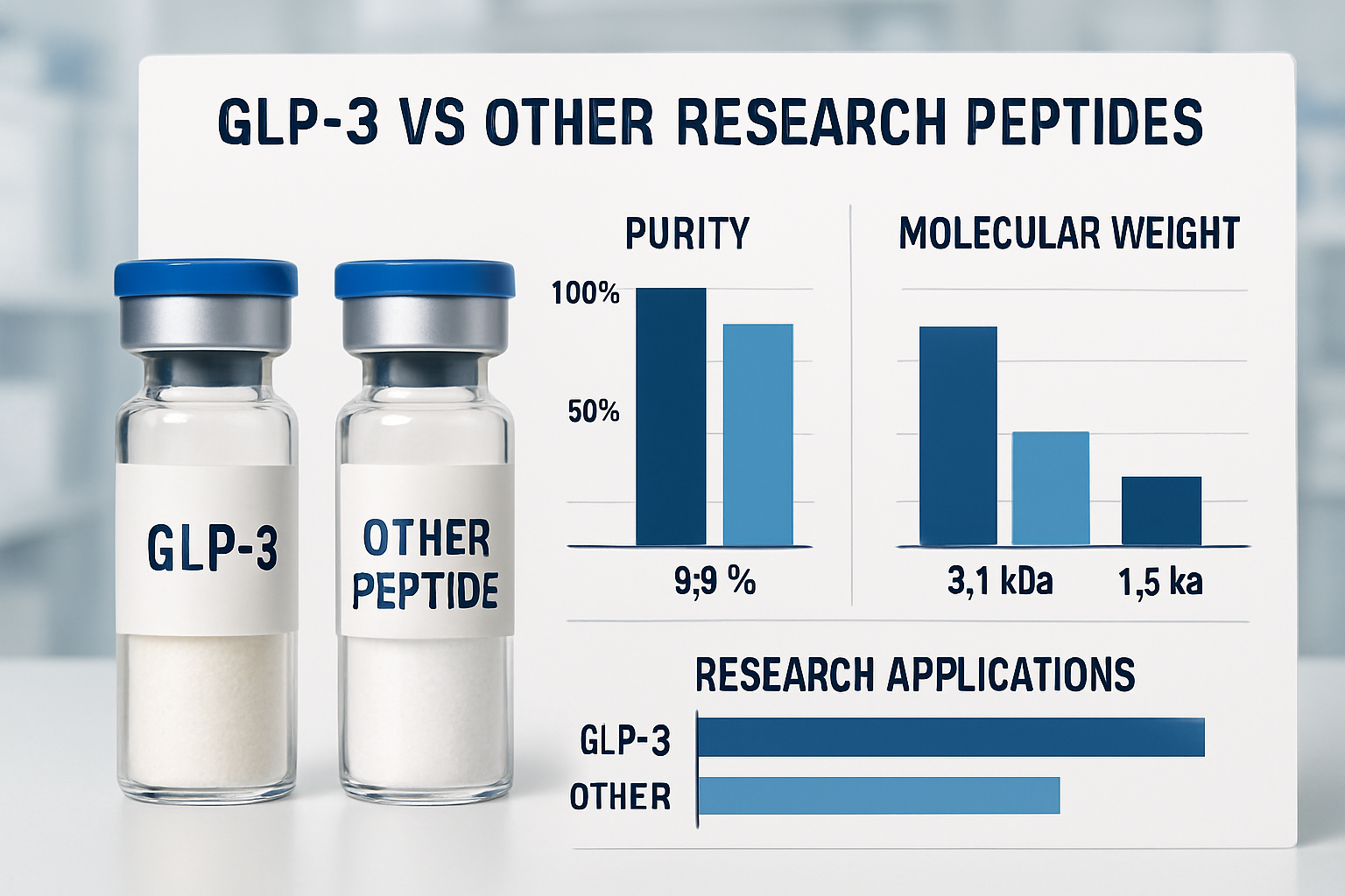 Detailed comparison infographic showing GLP-3 peptide specifications versus other research peptides, with bar charts displaying purity level