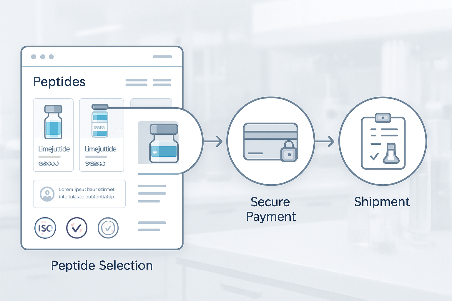 Professional purchasing workflow diagram showing steps from peptide selection to laboratory delivery, featuring secure payment icons, qualit
