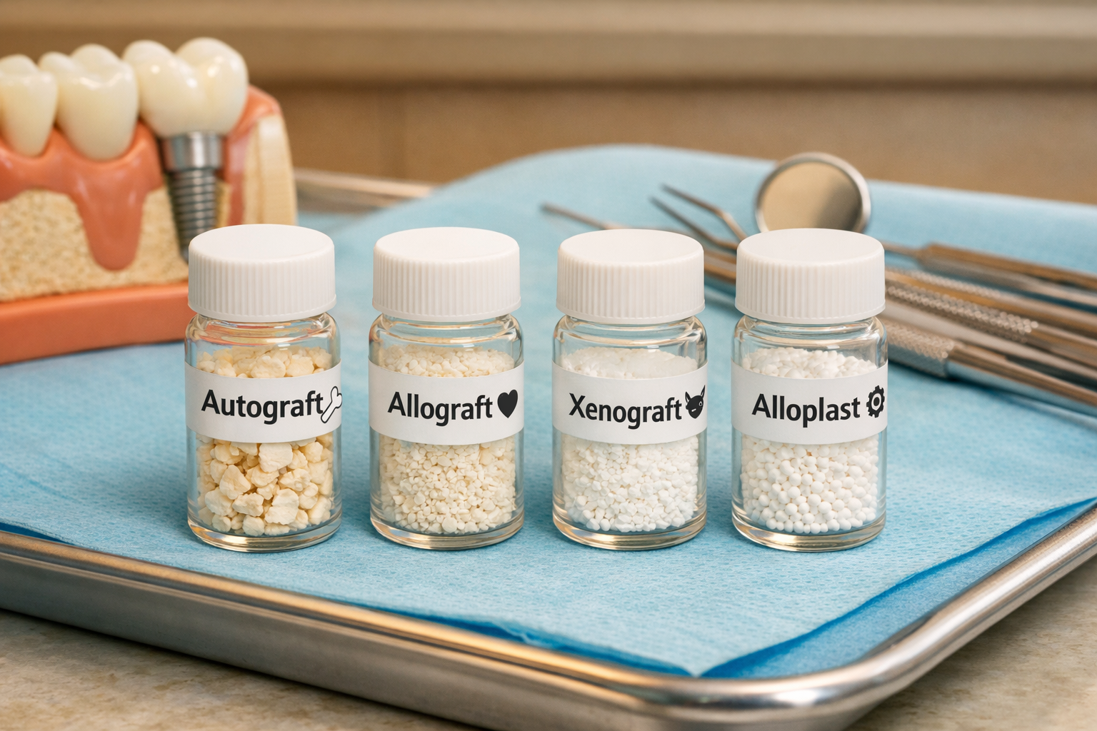 () image depicting various types of bone graft materials (e.g., small vials labeled 'Autograft,' 'Allograft,' 'Xenograft,'
