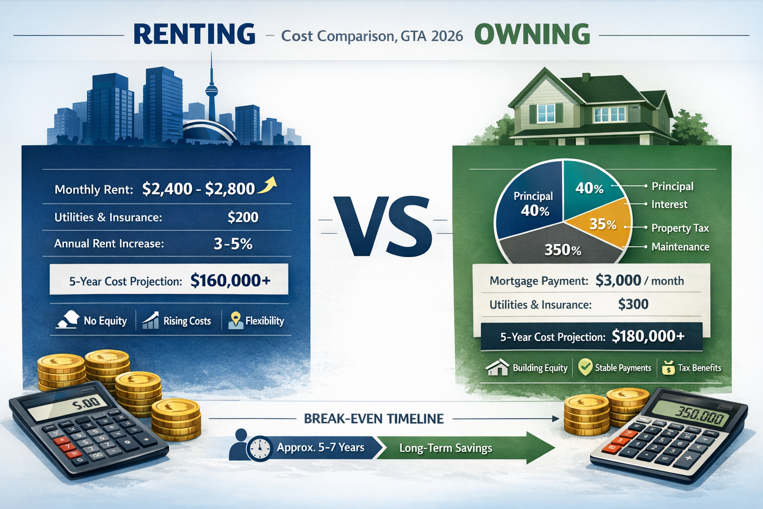 Landscape format (1536x1024) detailed cost comparison infographic showing side-by-side analysis of renting versus owning in GTA 2026. Left c